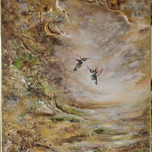 May include: An oil painting on canvas featuring two hummingbirds in flight against a textured, abstract background of swirling gold, brown, and cream tones. The birds display iridescent green and red plumage, set within a gold-toned frame.
