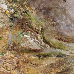 May include: An oil painting on canvas featuring a textured, impasto landscape in shades of brown, gold, and green. A small hummingbird with iridescent green and red plumage is depicted in flight in the upper right corner against a cloudy sky.