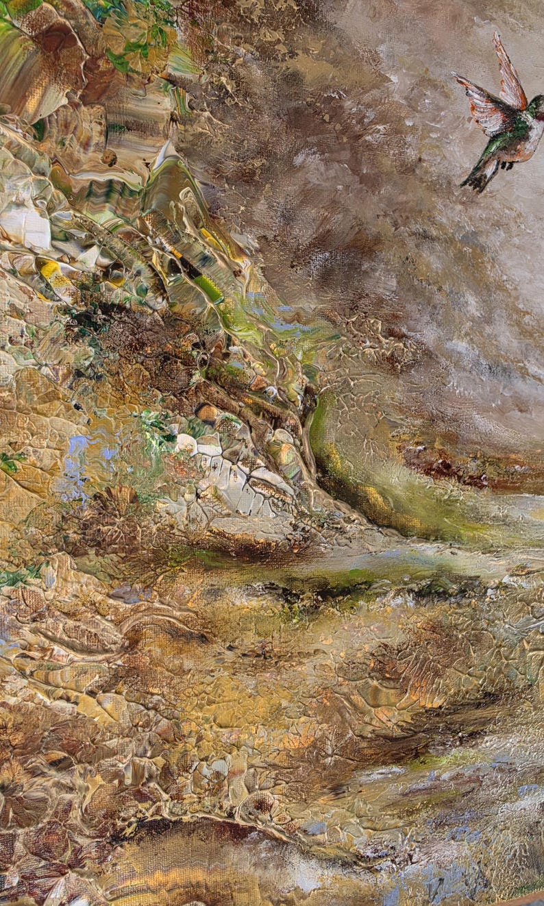 May include: An oil painting on canvas featuring a textured, impasto landscape in shades of brown, gold, and green. A small hummingbird with iridescent green and red plumage is depicted in flight in the upper right corner against a cloudy sky.