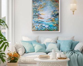 May include: A framed rectangular wall painting featuring an abstract landscape with a central white swan swimming in a blue pond. The artwork incorporates textured layers of blue, green, and gold paint, creating a vibrant, layered visual effect.