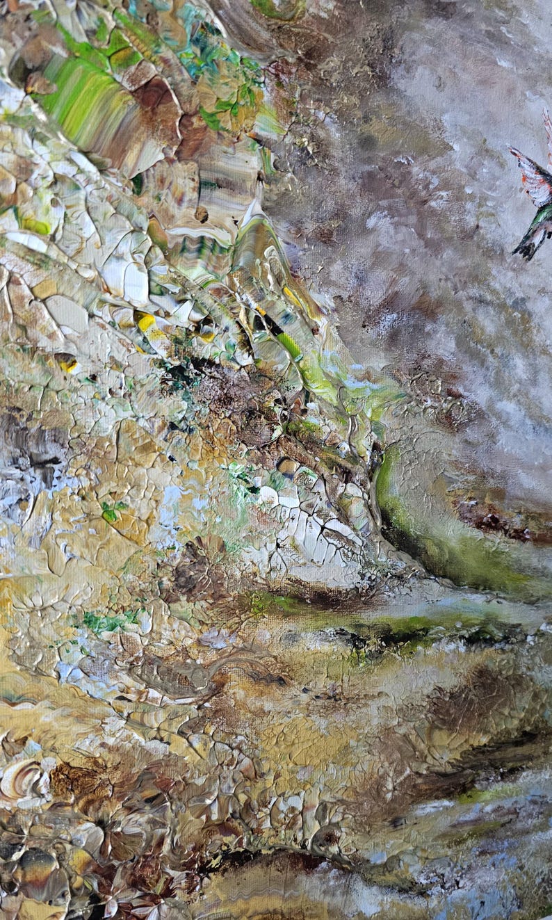 May include: An abstract oil painting on canvas featuring thick, textured impasto layers in shades of beige, tan, brown, and white. A small, detailed hummingbird with red, green, and white plumage is depicted in flight on the right side of the composition.