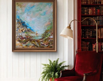May include: A framed oil painting featuring a textured landscape with a small sailboat on a calm body of water. The artwork displays a palette of soft blues, pinks, and earthy browns, with thick impasto brushstrokes creating depth and movement.