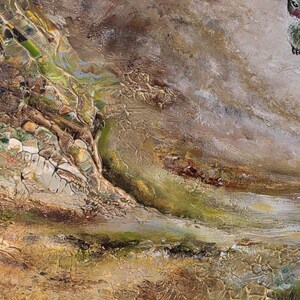 May include: An oil painting on canvas featuring two hummingbirds in flight against a textured, abstract background. The birds display vibrant green, white, and reddish-orange plumage. The surface shows thick, layered brushstrokes in earthy tones.