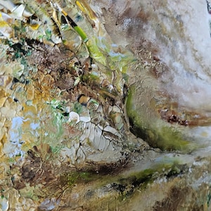 May include: An abstract acrylic painting featuring a textured landscape with earthy tones of brown, gold, and green. The composition includes a small, detailed hummingbird in flight, rendered with white, green, and orange accents against a neutral background.