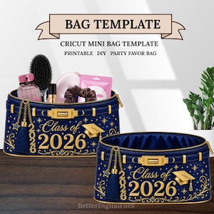 May include: Two navy blue zippered bags with gold accents, tassels, and the text "Class of 2026." The bags are decorated with stars and a graduation cap. One bag is open and filled with beauty products. The text "BAG TEMPLATE" is at the top.