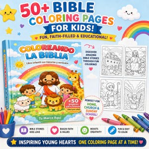 Puede incluir: Un libro para colorear para niños titulado "Coloreando La Biblia" con el texto "¡50+ Páginas para colorear de la Biblia para niños!". La portada presenta ilustraciones de Jesús, niños y animales. Incluye crayones y el texto "¡Inspirando a los corazones jóvenes, una página para colorear a la vez!"