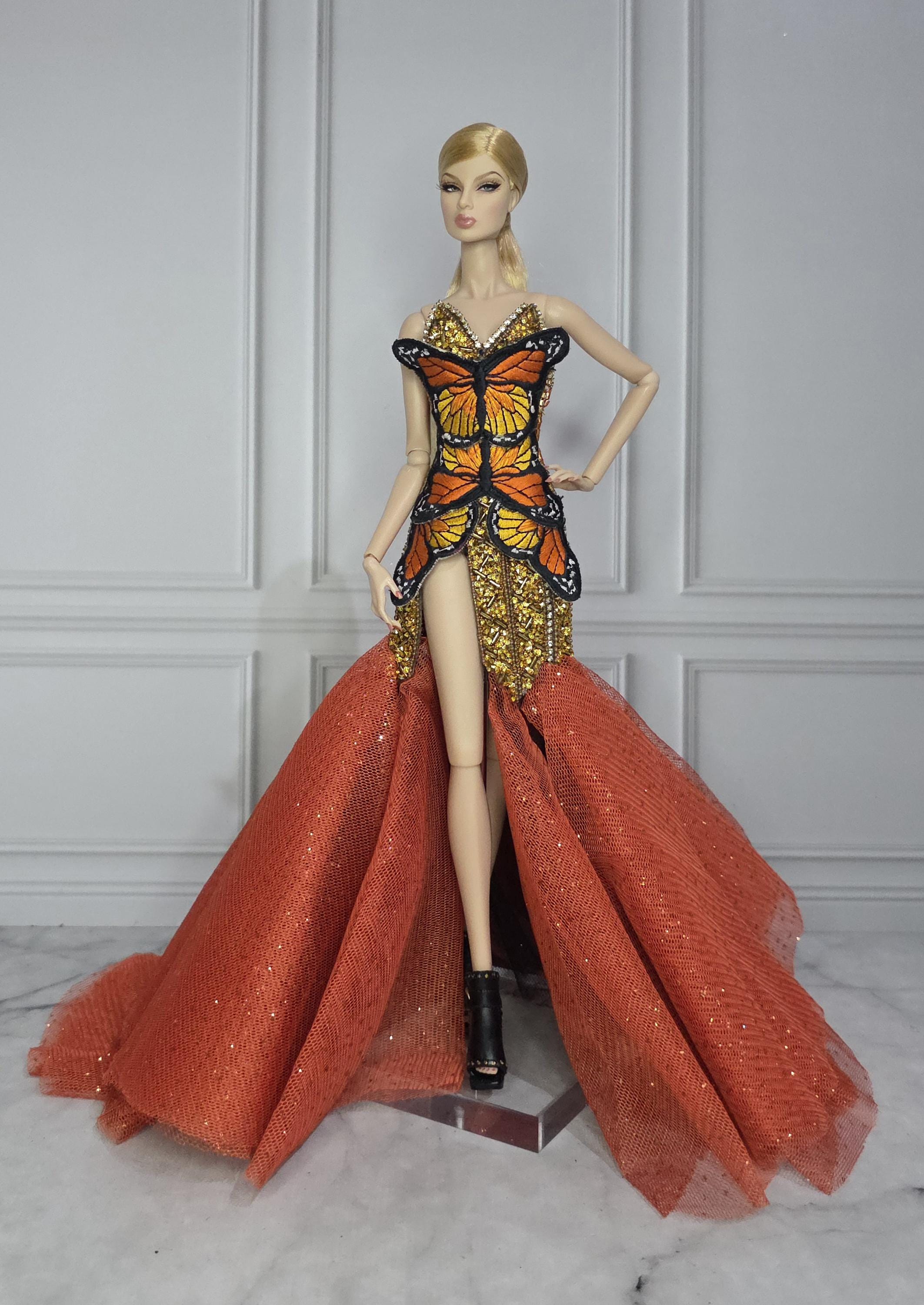 OOAK glamour black orange floral butterfly diamond fringe beaded tulle lace handmade dress Barbie Fashion Royalty Silkstone doll