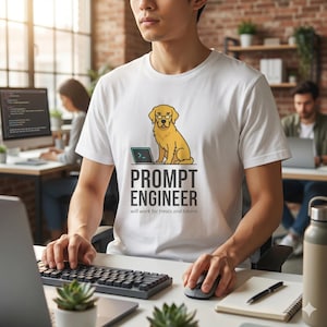 May include: White t-shirt with a graphic of a golden retriever wearing glasses and working on a laptop. The text below the dog reads "PROMPT ENGINEER" and "will work for treats and tokens". The person is using a keyboard and mouse.