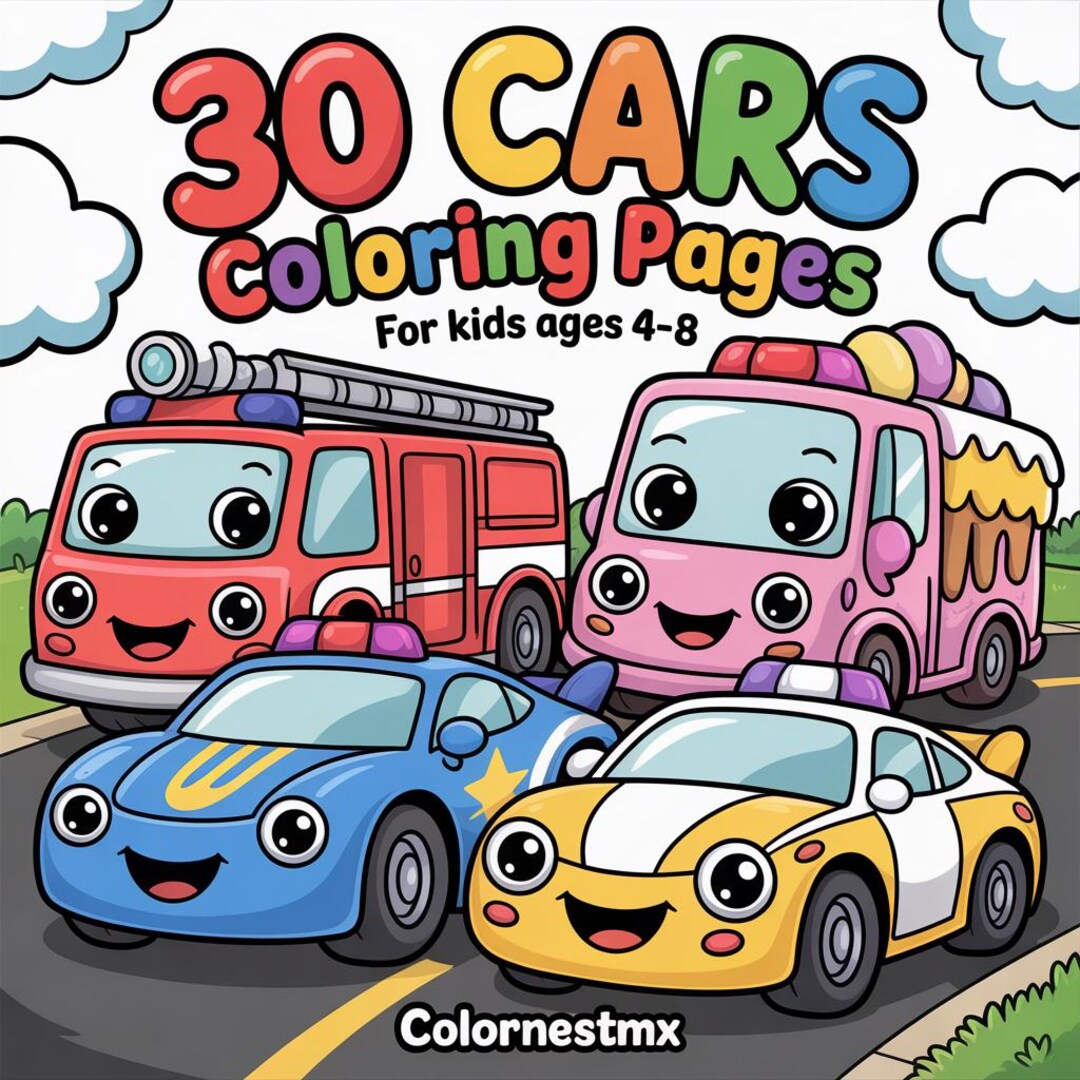 30 Cartoon Cars Coloring Pages for Kids | Fun Vehicles Activity (PDF ...