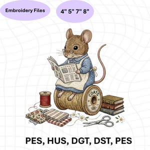 May include: An illustration of a mouse wearing glasses and an apron, reading a newspaper while seated on a spool of thread. The image includes text that says "Embroidery Files" and "4" 5" 7" 8". Also included are spools of thread, fabric, scissors, and books.