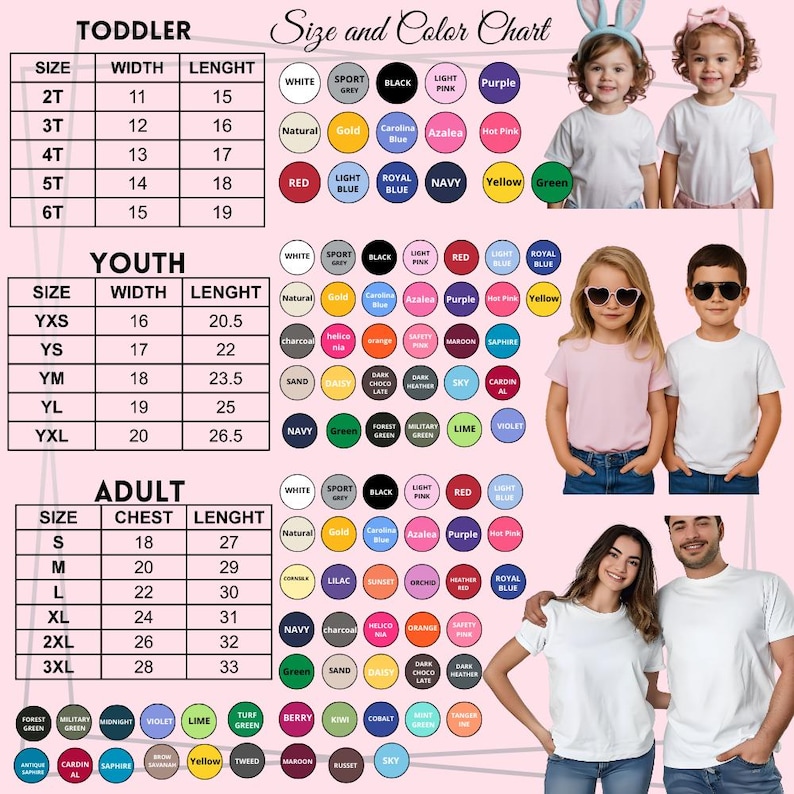 Puede incluir: Una tabla de tallas y colores para camisetas de ni&ntilde;o, joven y adulto. La tabla muestra tallas, medidas de pecho, ancho y largo en cent&iacute;metros. Las muestras de color incluyen blanco, negro, rojo y m&aacute;s. Modelos de diferentes edades llevan las camisetas.