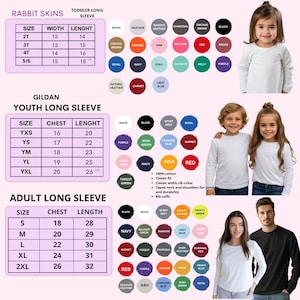 Puede incluir: Imagen de camisetas de manga larga para ni&ntilde;os peque&ntilde;os, j&oacute;venes y adultos. La imagen incluye tablas de tallas para cada categor&iacute;a, muestras de color y ejemplos de las camisetas puestas. Las camisetas est&aacute;n disponibles en varios colores y tallas.