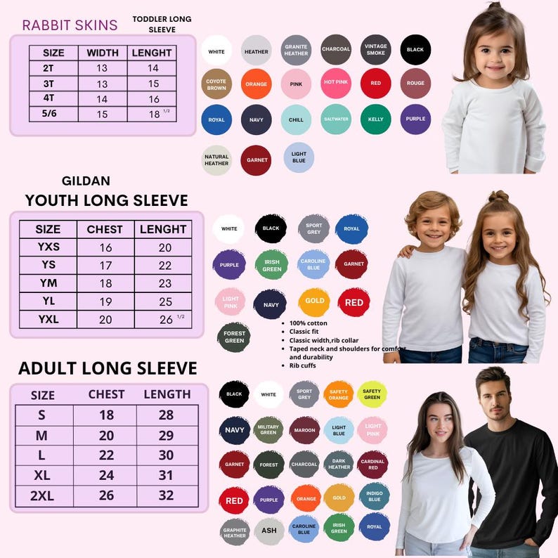 Puede incluir: Imagen de camisetas de manga larga para ni&ntilde;os peque&ntilde;os, j&oacute;venes y adultos. La imagen incluye tablas de tallas para cada categor&iacute;a, muestras de color y ejemplos de las camisetas puestas. Las camisetas est&aacute;n disponibles en varios colores y tallas.