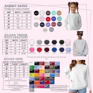 Puede incluir: Un cat&aacute;logo de productos con sudaderas para ni&ntilde;os peque&ntilde;os Rabbit Skins, sudaderas Gildan para j&oacute;venes y adultos. Incluye tablas de tallas, opciones de color y detalles del producto. La imagen muestra ejemplos de las sudaderas.