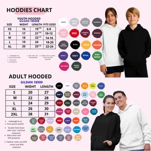 Puede incluir: Un gr&aacute;fico que muestra tallas y opciones de color de sudaderas con capucha para j&oacute;venes y adultos. El gr&aacute;fico incluye medidas en cm para el ancho y el largo, junto con los ajustes de talla. La imagen tambi&eacute;n muestra una sudadera con capucha blanca y negra.