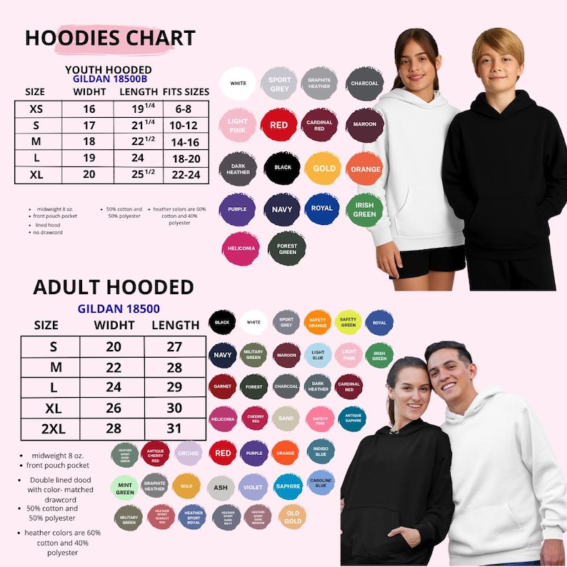 Puede incluir: Un gr&aacute;fico que muestra tallas y opciones de color de sudaderas con capucha para j&oacute;venes y adultos. El gr&aacute;fico incluye medidas en cm para el ancho y el largo, junto con los ajustes de talla. La imagen tambi&eacute;n muestra una sudadera con capucha blanca y negra.