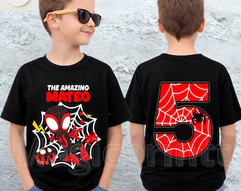 Camiseta de cumpleaños de Spider-Man, camiseta personalizada con nombre y edad para niño, diseño frontal y trasero.
