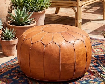 Leather Round Pouf Ottoman  Handmade Moroccan Full Grain Leather Floor Cushion  Unfilled 21x16  Footrest Meditation Seat  Boho Decor