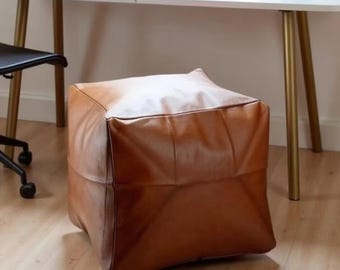 Brown Square Leather Pouf Ottoman 16, Handmade Moroccan Floor Cushion, Genuine Leather Footrest, Boho Living Room Decor, Unique Gift