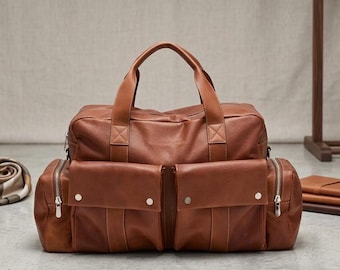 Cognac Leather Weekender Bag, Large Pebbled Leather Duffle, Men Women Travel Overnight Bag, Multi Pocket Carry On, Luxury Gift for Him Her