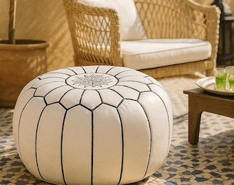 Puf de cuero blanco con costuras multicolor, otomana marroquí sin relleno, cojín de suelo de cuero auténtico, decoración bohemia para habitación infantil, reposapiés redondo