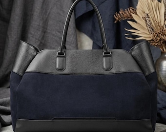 Marine Wildleder Einkaufstasche Handgemachte Marokkanische Zweifarbige Große Wochenendtasche 33L Luxus Top Griff Tote Reisetasche Geschenk für Ihn