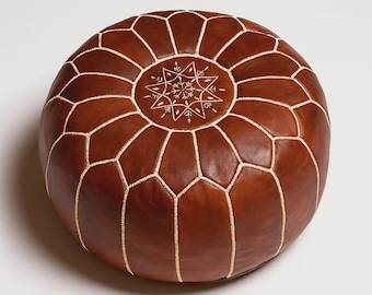 Brown Leather Pouf Unstuffed 21, Handmade Round Floor Ottoman, Moroccan Leather Pouf Cover, Boho Living Room Footrest, Housewarming Gift