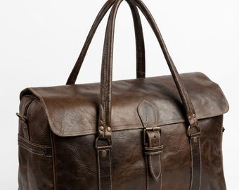 Bolso de fin de semana de piel marrón oscuro, Marruecos, piel de grano completo, bolso de viaje grande hecho a mano, bolso de mano para pasar la noche, bolso de hombro unisex, regalo para él o ella.