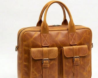 Tobacco Leather Briefcase Handmade  Pull-Up Tan Laptop Work Bag  Vintage Double Pocket Shoulder Bag  Mens Work Bag  Unique Gift for Him