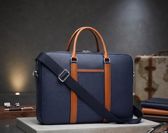 Maletín de cuero azul marino y marrón, hecho a mano, bolso para portátil bicolor, bolso de hombro marroquí para negocios, maletín de trabajo premium, regalo único para él.