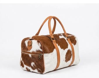 Cowhide Weekender Bag, Tan White Hair On Hide Duffle, Handmade Leather Travel Bag, Overnight Carry On, Unique Exotic Gift for Him Her