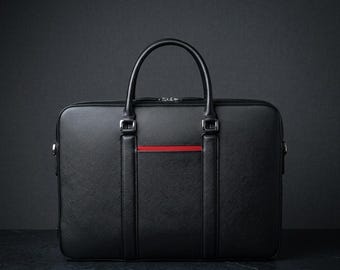 Black Saffiano Leather Briefcase Red Interior, Handmade Laptop Work Bag, Mens Leather Shoulder Bag, Executive Briefcase, Gift for Him