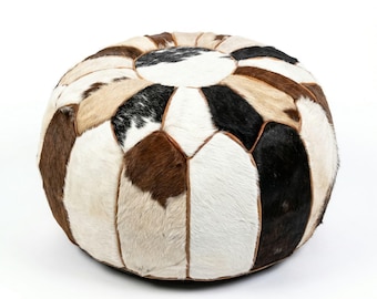 Puf de piel de vaca, otomana redonda artesanal de piel con pelo, cojín de suelo patchwork, reposapiés tricolor único, decoración marroquí bohemia para el hogar.