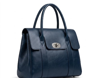Midnight Blue Leather Tote Bag, Handcrafted Designer Satchel, Navy Blue Work Bag for Women, Moroccan Leather Laptop Bag, Satchel with Lock