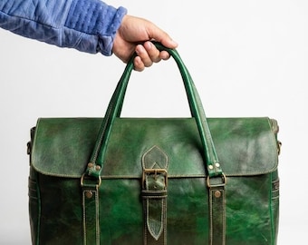 Bolso de fin de semana de piel verde, bolso de viaje de grano completo, hecho a mano, bolso de mano grande, bolso de hombro unisex, regalo único para ella o para él.