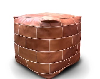 Moroccan Leather Square Pouf, Handcrafted Cube Ottoman Footrest, Cognac Floor Pouf Living Room, Boho Home Decor, Artisan Housewarming Gift