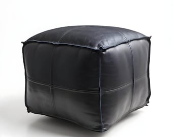 Puf cuadrado de cuero negro, cubo vacío, otomana, reposapiés minimalista hecho a mano, asiento de suelo estilo boho, 5 tamaños, regalo único para inauguración de casa