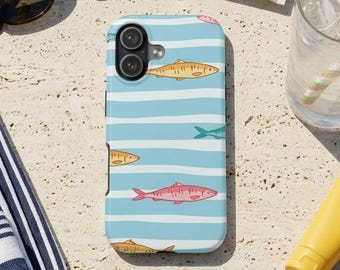 Vis telefoonhoesje trending zomer telefoonhoesje voor iPhone en Samsung, nautisch blauw gestreept telefoonhoesje, oceaanliefhebber cadeau, kustaccessoire