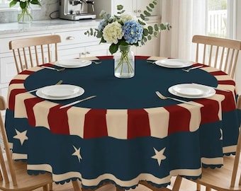 4th July Round Tablecloth, Patriotic Outdoor Tablecloth for Summer BBQ, Stars and Stripes Round Table Cloth, Americana Farmhouse Decor