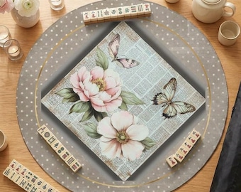 Round Mahjong Mat | Vintage Butterfly & Peony Design | Mahjong Table Mat with Carry Bag | Mahjong Gift for Her, Mah Jongg Accessories