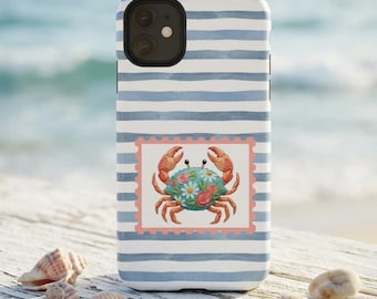 Telefoonhoesje met bloemenkrab | Zomertelefoonhoesje kust | Tantecadeaus van nichtje | Nautisch gestreept stoer telefoonhoesje