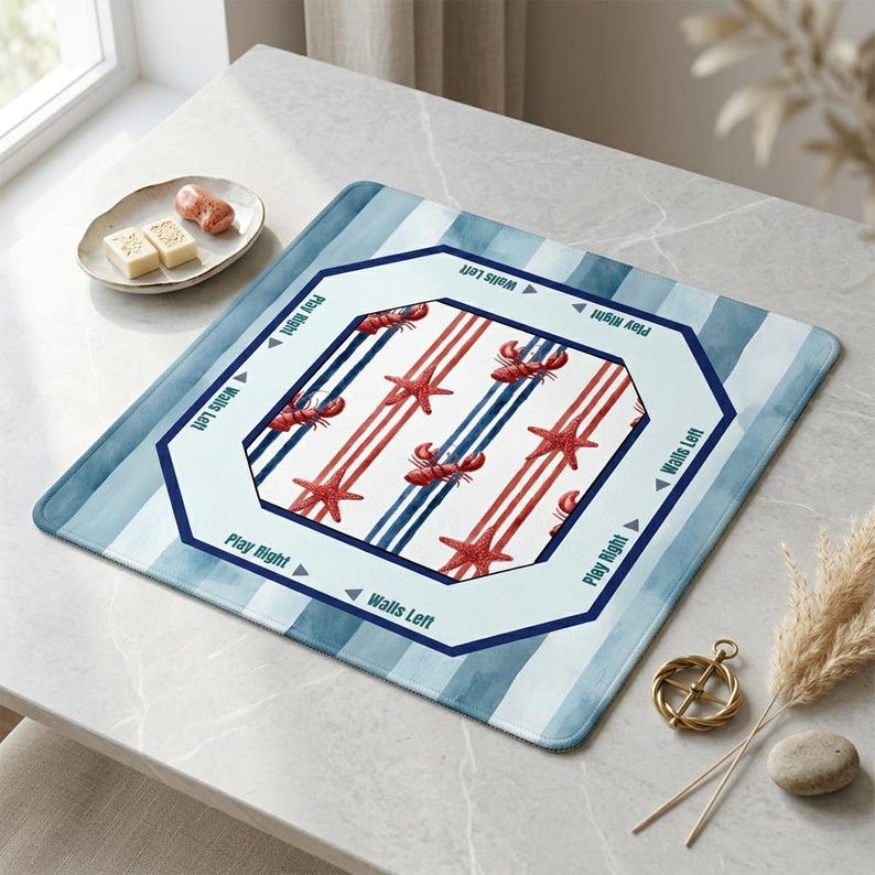 A functional mah jongg mats layout featuring clear directional text for Walls Left and Play Right. This mahjong mat protects your table and helps organize tiles perfectly during intense mahjong gameplay.