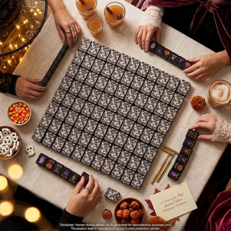 Overhead view of a complete Halloween mahjong tile set with ivory and charcoal gothic skull artwork, arranged in rows on a dark wood surface.
