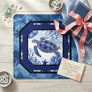 Professional mahjong table mat with clear directions for Walls Left and Play Right. This large mah jongg mat protects your table and helps keep tiles organized during intense play for both beginners and experienced players.