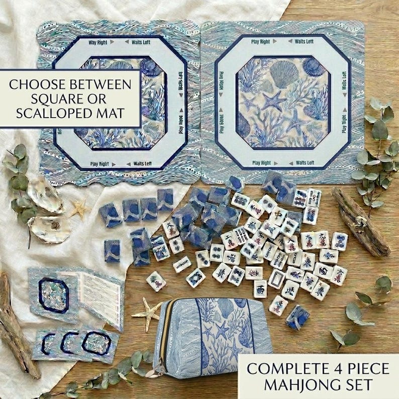 American Mahjong Tiles with Custom Backs, Blue & White Coral Shell Tile Set with Mahjong Mat, Card Holders and Tile Bag image 5