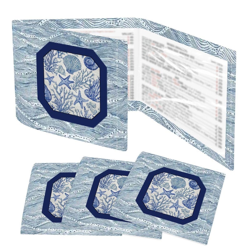 Acrylic mahjong card holder with line finder alongside a blue and white shell-print mahjong card sleeve — a mahjong card cover designed for NMJL American mahjong cards. Part of the fully coordinated blue and white coastal mahjong gift bundle.