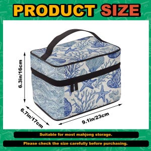 Zippered mahjong tile bag in blue and white coral shell print, open with tiles visible inside — a coordinating mahjong bag designed to match the full ocean-themed American mahjong set. Ideal for storing tiles or giving as a standalone mahjong accessory gift.