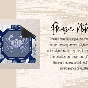 May include: A blue and white mat featuring a detailed crab illustration in the center, surrounded by seashell patterns. The mat has a dark blue border and includes text that reads "Please Note..." and additional information about the product.