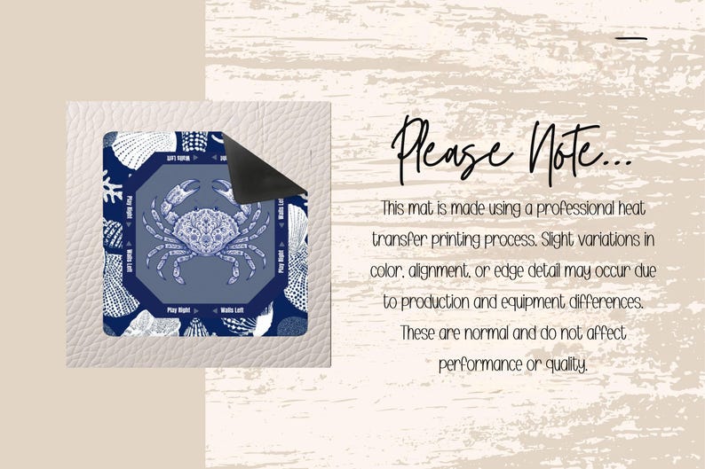 May include: A blue and white mat featuring a detailed crab illustration in the center, surrounded by seashell patterns. The mat has a dark blue border and includes text that reads "Please Note..." and additional information about the product.