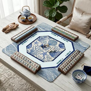 Functional mah jongg mat with clear directional indicators for Play Right and Walls Left. These mahjong mats help players stay organized during gameplay while the soft surface muffles the sound of tiles for a better experience.